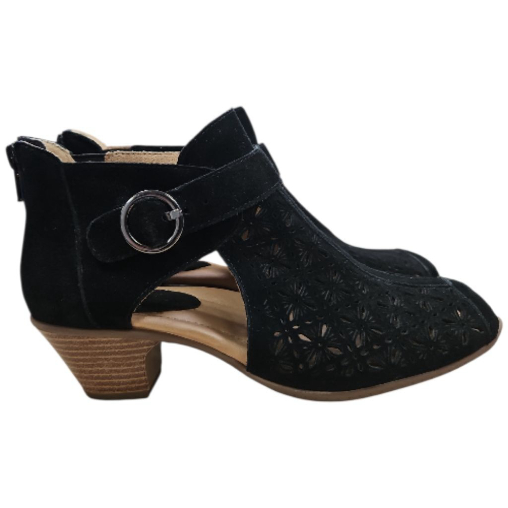 Earth Origins Kelsey Black Lazer Cut Suede Leather Peep Toe Bootie Sz 7